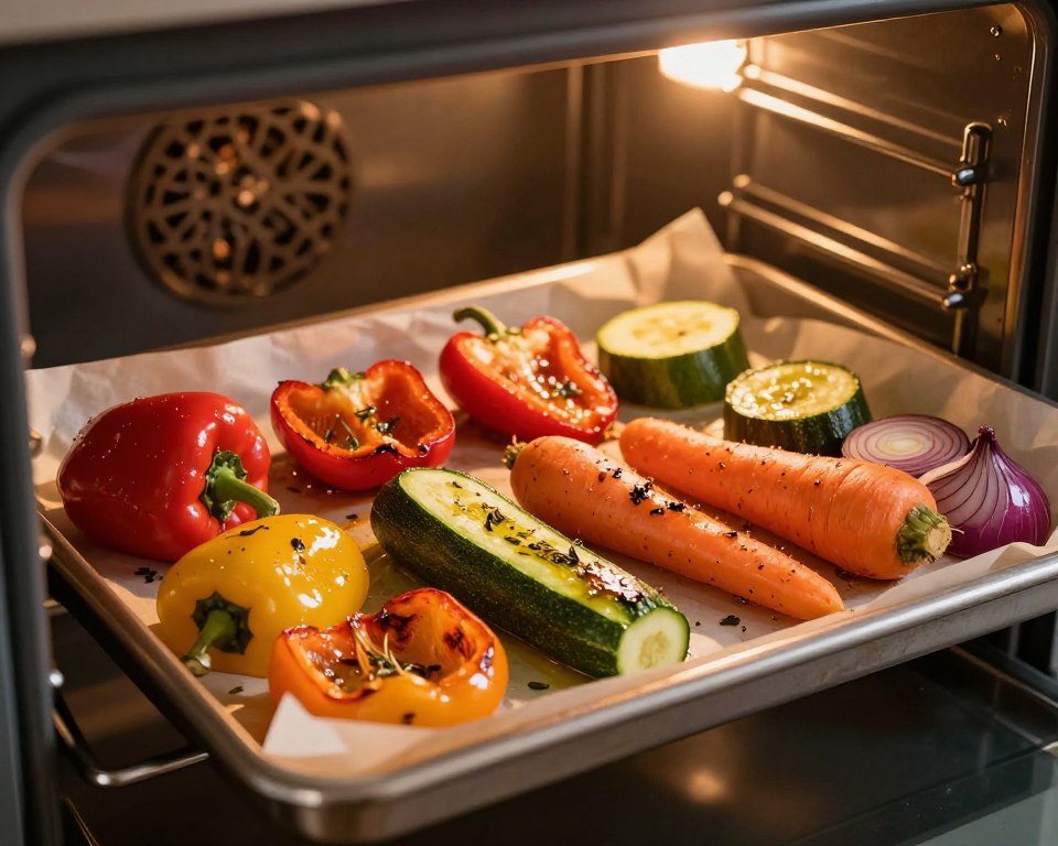 A vibrant scene of vegetables being roasted on a baking tray inside an oven, showcasing a variety of colorful vegetables like bell peppers, zucchini, carrots, and red onions, glistening with olive oil and herbs. The foreground features the metallic baking tray, lined with parchment paper, while the middle showcases the vegetables arranged artfully, with some slightly caramelized edges highlighting their textures. In the background, the oven door is slightly open, revealing warm, ambient light emanating from inside, creating a cozy and inviting atmosphere. The image captures a sense of warmth and homeliness, with soft, golden lighting illuminating the vegetables, enhancing their color and freshness.