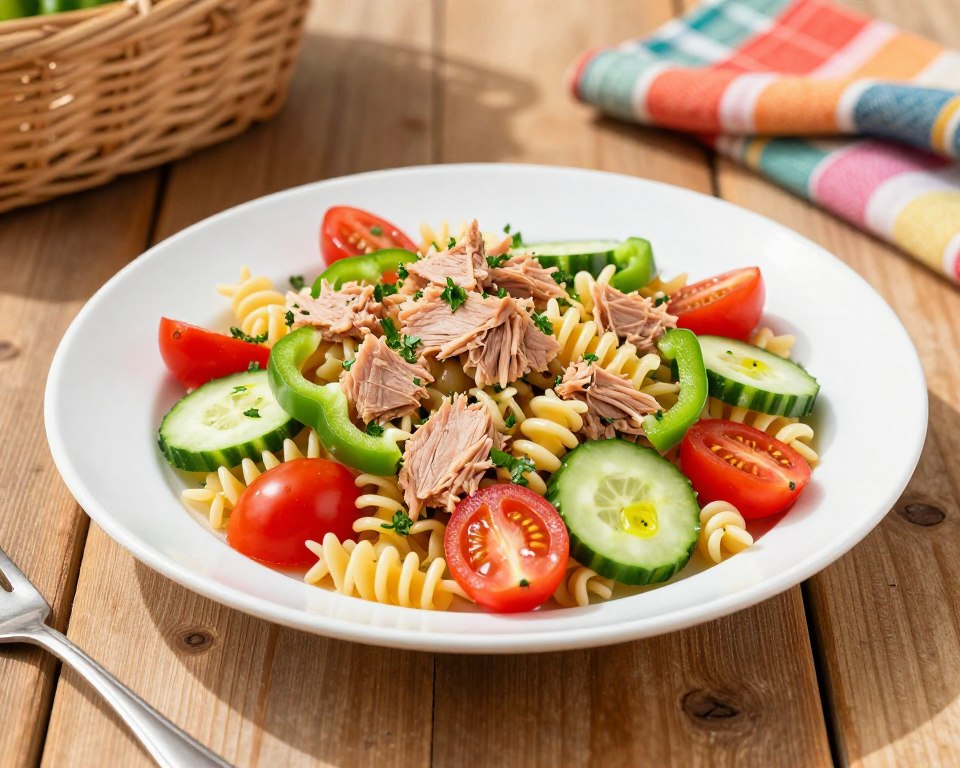 A vibrant tuna pasta salad beautifully arranged on a large, elegant white plate, showcasing colorful ingredients. The salad features al dente pasta spirals intertwined with chunks of fresh, flaky tuna, bright red cherry tomatoes, refreshing cucumber slices, and crisp green bell peppers. Sprinkle of fresh parsley and a light drizzle of olive oil enhance the visual appeal. The scene is set on a rustic wooden table, with soft natural light cascading from the left, creating gentle shadows that add depth. In the background, lightly blurred picnic elements like a wicker basket and colorful cloth napkins evoke an inviting, festive atmosphere. The overall mood is fresh, healthy, and perfect for a casual gathering or event, embodying the essence of a delightful summer dish.