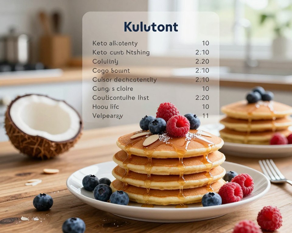 A visually appealing arrangement of keto coconut and almond pancakes, intricately stacked on a rustic wooden table. In the foreground, the pancakes are garnished with fresh blueberries, raspberries, and a light drizzle of sugar-free syrup. The middle ground features a beautifully crafted nutritional chart subtly integrated into the setting, highlighting the key nutritional values in a clean, artistic style. Behind the stack of pancakes, a softly blurred kitchen background reveals natural light streaming in from a window, giving a warm, inviting atmosphere. The overall mood is wholesome and cheerful, ideal for a low-carb breakfast. The image captures the essence of health and deliciousness without including any text or distractions.