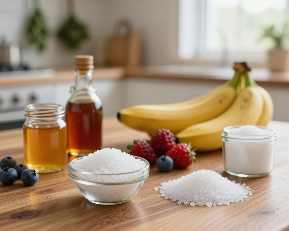 A visually appealing arrangement of various sugar substitutes on a polished wooden table. In the foreground, display a bowl of white stevia crystals, alongside small jars filled with honey, agave syrup, and coconut sugar. In the middle ground, a handful of fresh fruits like berries and bananas are scattered, symbolizing natural sweetness. The background features a softly blurred kitchen setting with hanging herbs and a gentle glow from a window, providing warm, natural lighting. The atmosphere should feel inviting and healthy, evoking a sense of culinary exploration and well-being. Use a shallow depth of field to focus on the foreground elements, ensuring clarity and detail in textures and colors.