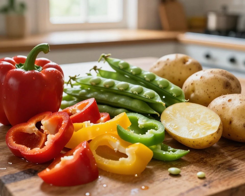 A visually engaging still life composition focusing on various vegetables suitable for freezing, specifically bell peppers, potatoes, and fava beans. In the foreground, a vibrant arrangement of chopped bell peppers in red, yellow, and green hues, glistening with moisture. Beside them, whole and halved potatoes with earthy textures. In the middle, fresh fava beans in their pods, showcasing their bright green color. The background features a soft focus of a rustic wooden kitchen table and vintage kitchen utensils, softly illuminated by warm, natural light streaming through a window, creating a cozy atmosphere. The overall mood should be inviting and suggest a sustainable, zero-waste lifestyle. The scene should be framed with a slight overhead angle to capture the vibrant colors and textures.