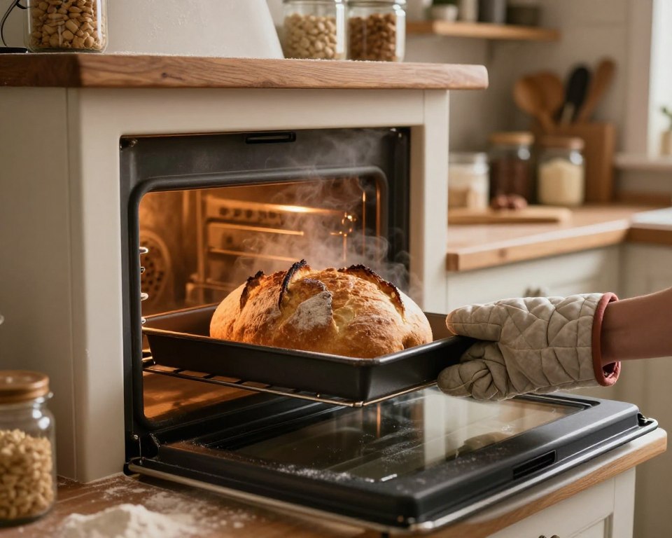 A warm, inviting kitchen scene featuring a rustic oven with a loaf of bread baking inside. The foreground showcases a wooden countertop dusted with flour, where a beautiful, golden-brown loaf is being pulled out of the oven with a pair of oven mitts. The middle ground highlights the oven's door partially opened, revealing the bread rising, with steam wafting up. In the background, shelves lined with baking tools and jars of ingredients add warmth and a homely feel. Soft, ambient lighting illuminates the scene, casting gentle shadows that emphasize the texture of the bread and the warmth of the kitchen. The mood is cozy, with a hint of anticipation for the freshly baked bread.