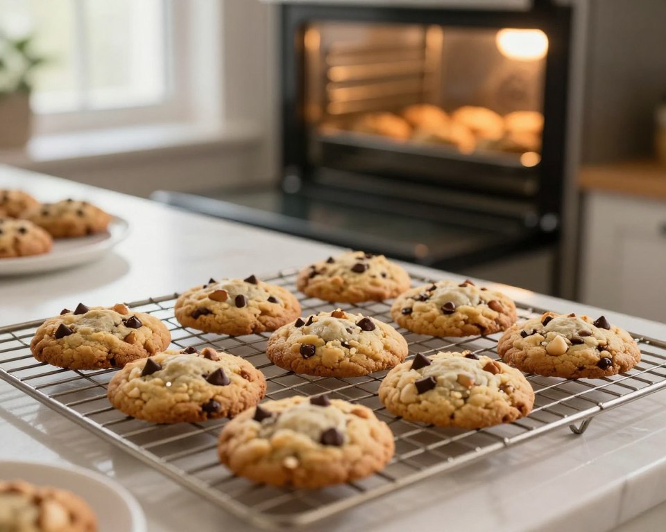 A warm, inviting kitchen scene focused on freshly baked cookies on a wire rack, emitting a golden-brown hue that suggests they are perfectly baked. In the foreground, a few cookies are neatly arranged with chocolate chips and nuts peeking through. In the middle, soft natural light filters through a window, casting gentle shadows that enhance the textures of the cookies. An oven with a glass door is visible in the background, showing more cookies baking with a slight golden glow. The mood is cozy and homely, evoking the spirit of baking together with family. The focus is sharp on the cookies, while the background is slightly blurred to draw attention to the delicious confections. The overall atmosphere is warm, filled with the anticipation of enjoying fresh, homemade treats.