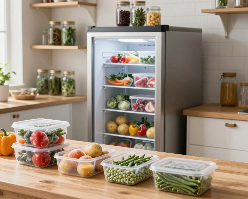 A well-organized kitchen scene showcasing the storage of frozen foods. In the foreground, a light-colored wooden table features an assortment of colorful frozen vegetables like bell peppers, potatoes, and fava beans in clear containers. The middle ground reveals a sleek, modern freezer with glass doors, partially opened to display neatly arranged frozen items. The background includes shelves filled with mason jars containing frozen herbs, giving a homey, zero-waste feel. Soft, natural lighting filters through a nearby window, creating a warm, inviting atmosphere. The overall mood is one of freshness and sustainability, ideal for promoting the practice of preserving food for later use.