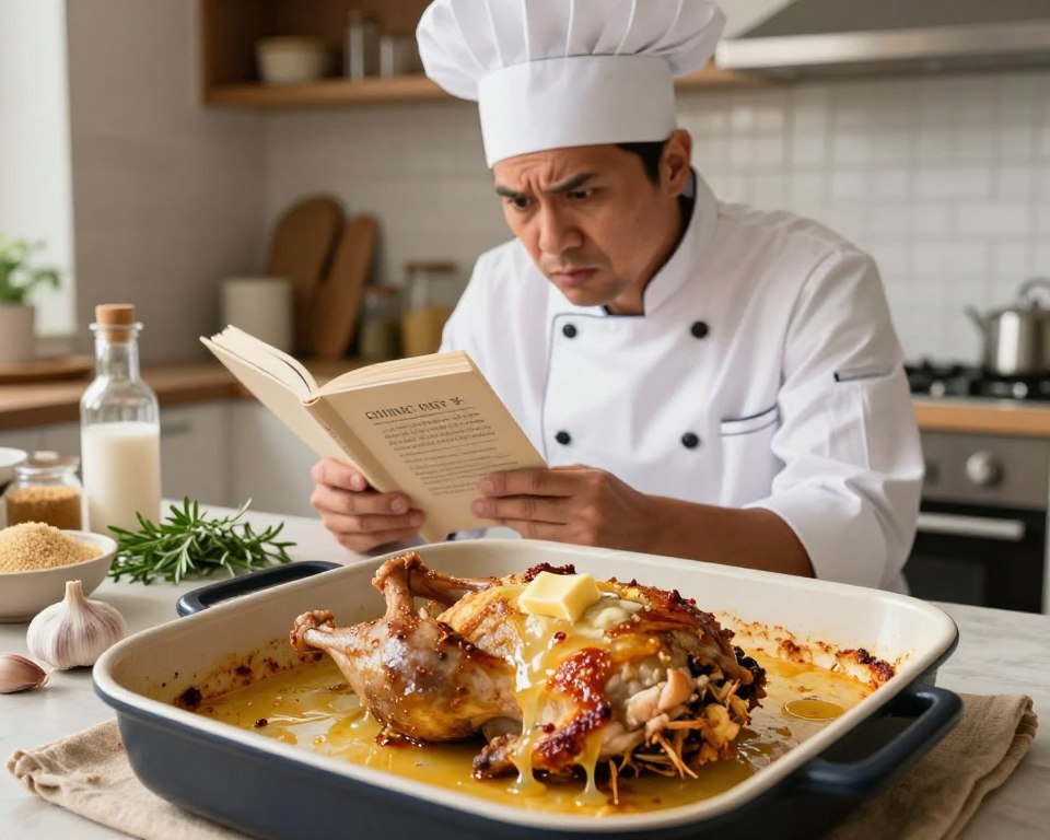 An artistic representation of common mistakes made while baking de volaille, featuring a partially cooked dish in the foreground with visible butter oozing out—a clear indication of improper sealing. In the middle, a distressed home cook in a neat, modest kitchen, examining a recipe book with a concerned expression. The background displays a well-organized kitchen, with ingredients like breadcrumbs, herbs, and garlic artistically scattered but not haphazard. Soft, warm lighting creates an inviting atmosphere, while the angle captures the scene from a slightly elevated perspective, allowing viewers to see both the cook's expression and the problematic dish. The overall mood is a blend of frustration and determination, emphasizing the learning curve of baking.
