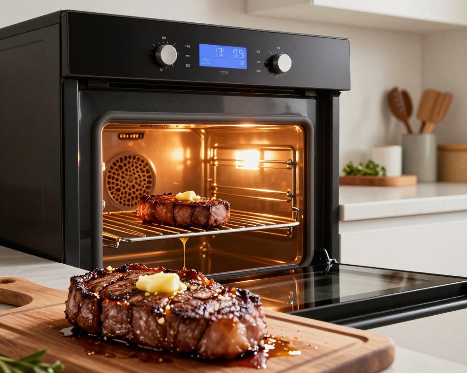 An elegant, modern kitchen showcasing an oven with precise temperature settings displayed on the digital panel, illuminated by warm, inviting overhead lights. The foreground features a perfectly seasoned beef steak on a cutting board, gleaming with garlic butter melting over it, hinting at delicious flavors. In the middle, the oven is open, revealing an interior filled with glowing orange light and a perfectly cooked steak on a rack, with a subtle drizzle of melted butter. The background includes stylish kitchen utensils and herbs, creating a cozy and sophisticated cooking atmosphere. The angle is slightly above eye level, capturing both the oven and steak in rich detail, evoking a mouthwatering mood that inspires culinary creativity.